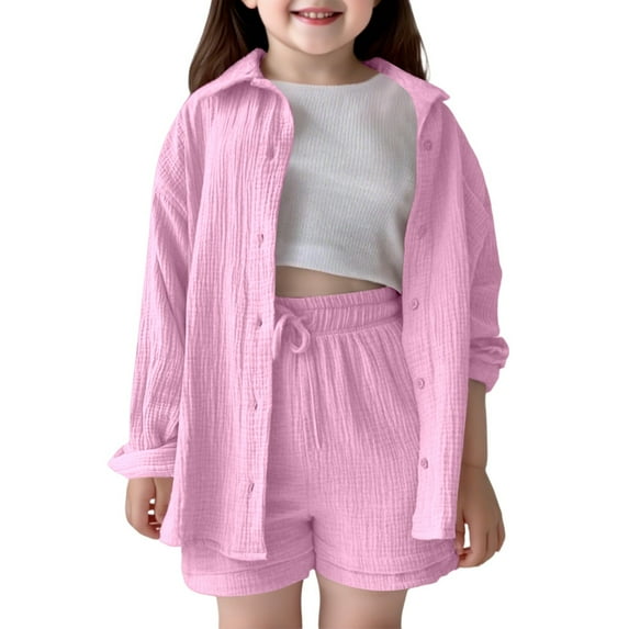 Byoo Tween Girls Outfits Set Solid Color Oversized Button Down Shirt Drawstring Shorts Kids Outfit Soft Breathable Clothes Set