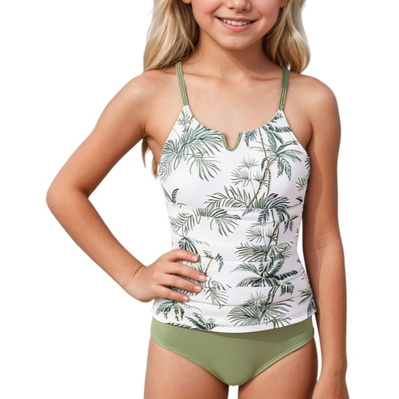 Byoo Tween Girls Palm Tree Print Tankini Swimsuit Spaghetti Strap Notch Neck High Waist Two Piece Swim Set Holiday Bathing Suit