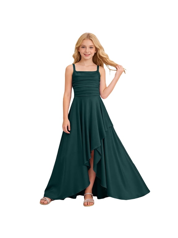 Tween Girls Party Dress Solid Color Ruffled Tiered Spaghetti Strap Gown Formal Weeding DressesDark Green