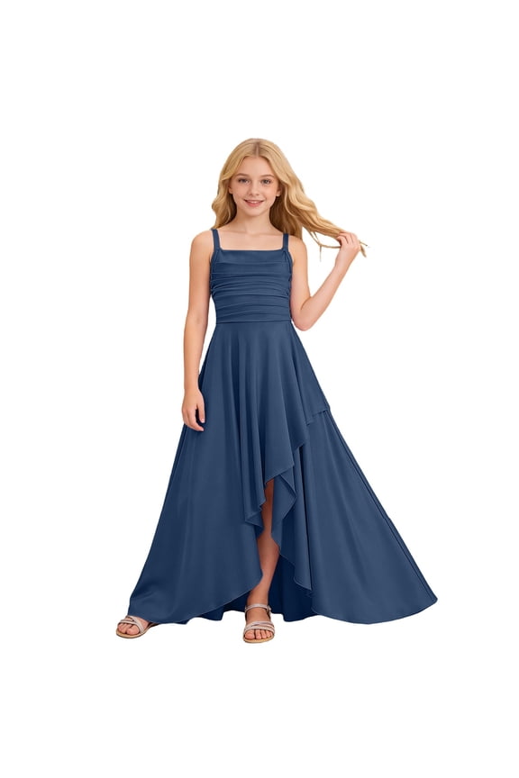 Tween Girls Party Dress Solid Color Satin High-Low Ruched Bodice Maxi Dress Versatile Spaghetti Strap Gown,Dark Blue