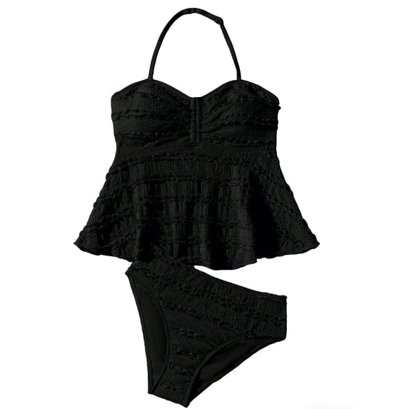 Byoo Tween Girls Ruffled Adjustable Halter Tankini Set Solid Quick Dry UPF 50+ Beach Swimwear,Black