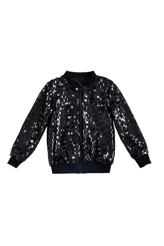 Tween Girls' Sequin Bomber Jacket Full Sparkle Embellished Solid Zip Up Coat Outerwear Loose Fit Casual Baseball Jacket