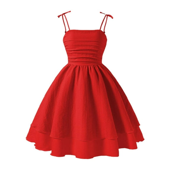 Byoo Tween Girls' Spaghetti Strap Ruched Dress Solid Double Layered A-Line Party Dress Flared Skater Dress for Wedding Birthday