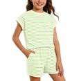 thumbnail image 1 of Byoo Tween Girls' Striped Ribbed 2 Piece Outfit Cap Sleeve Top and Shorts with Pockets，Green, 1 of 4