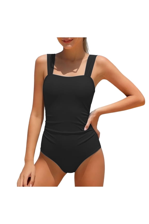 Tween Girls UPF 50+ One Piece Swimsuit Solid Ruched Beach Pool Athletic Bathing Suits,Black