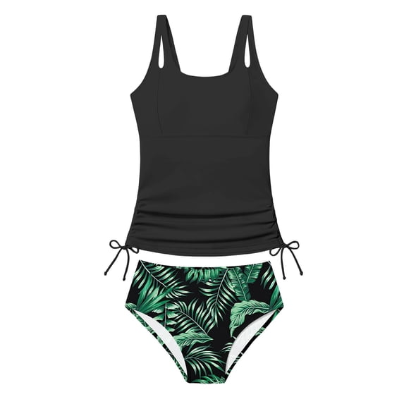 Byoo Tween Girls UPF 50 Plus Tankini Set Hawaiian Print Beach Pool Water Bathing Suits,Black