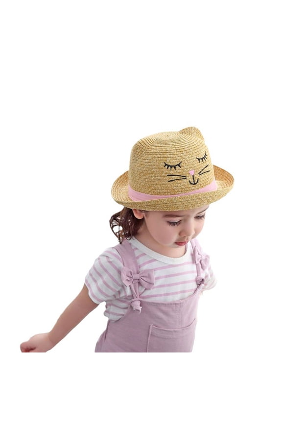 UPF 50+ Fedora Hat for Girls Cute Cat Embroidery Seaside Outdoor Sun Caps