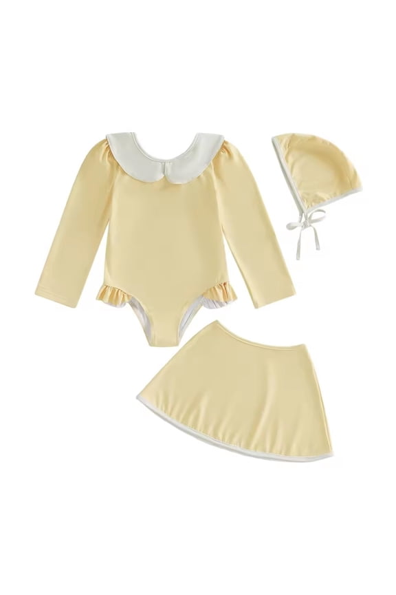 UPF 50 Swim Set for Girls Long Sleeve Peter Pan Collar Ruffled Three Piece Skirt Set,Yellow