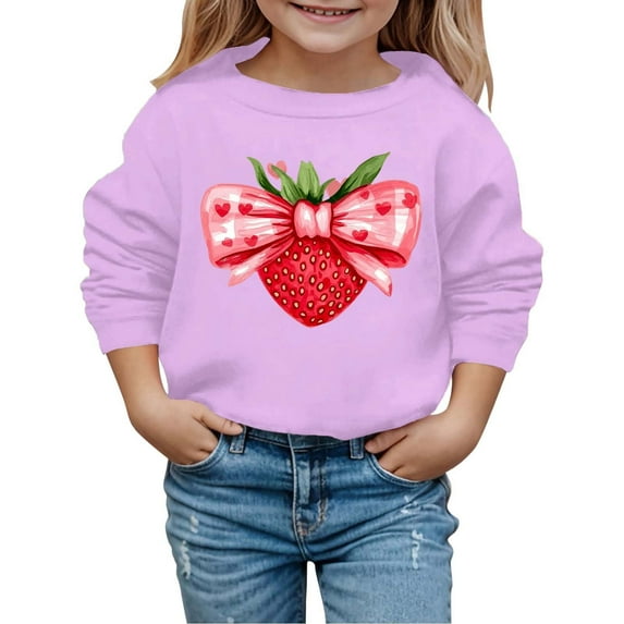 Byoo Valentine Day Sweatshirt for Toddler Girl Valentine Day Strawberry Bow Printed Full Sleeved Pullover Top Comfortable Sweatshirt