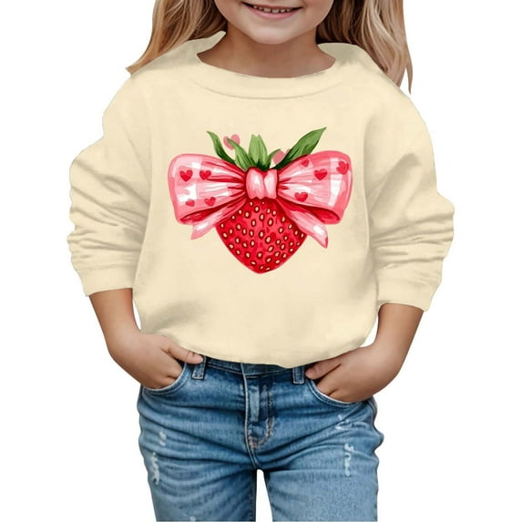 Byoo Valentine Day Sweatshirt for Toddler Girl Valentine Day Strawberry Bow Printed Full Sleeved Pullover Top Comfortable Sweatshirt