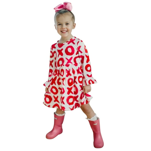Byoo Valentine Long-Sleeve Newborn Girl Dress Mid-Length Red X/O Letter Print Ruffled Cuff A-Line Dresses Soft Loose-Fit Clothing