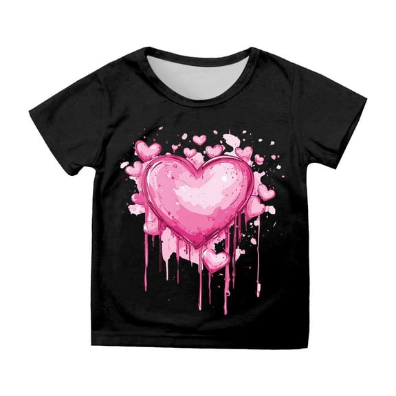 Byoo Valentine's Day T-Shirt for Tween Girls Heart Printing Short-Sleeve Round Neck Pullover T Shirt Children Loose Fit Top