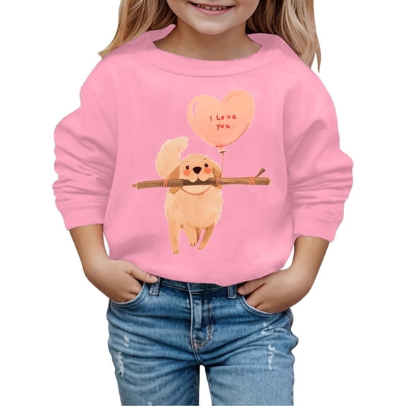 Byoo Valentine's Day Toddler Girls Sweatshirts Cute Puppy Printed Round Neck Long Sleeved Comfy Pullovers Top Outdoor Kids Cloth