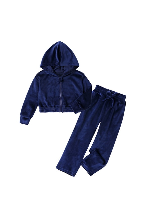 Velvet Hooded Tracksuit Set for Little Girls Solid Color Warm Zip-Up Coat Pants Casual Clothes Set Soft Comfort Outfits