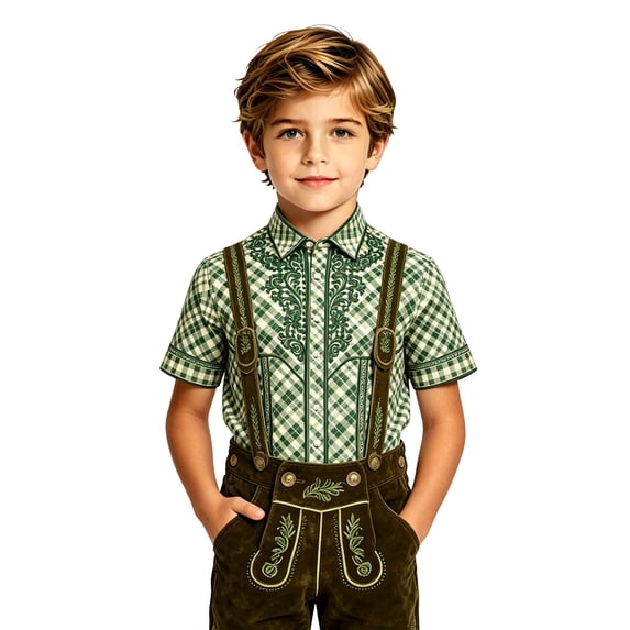 Byoo Vintage Printed Shirt for Little Boy Gingham Bavarian Short Sleeve Top Oktoberfest Casual Blouse