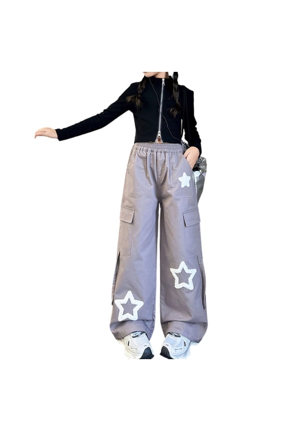 Y2K Teen Girls Star Cargo Pants Wide Leg Trendy Elastic Waist Streetwear Back To School Trousers