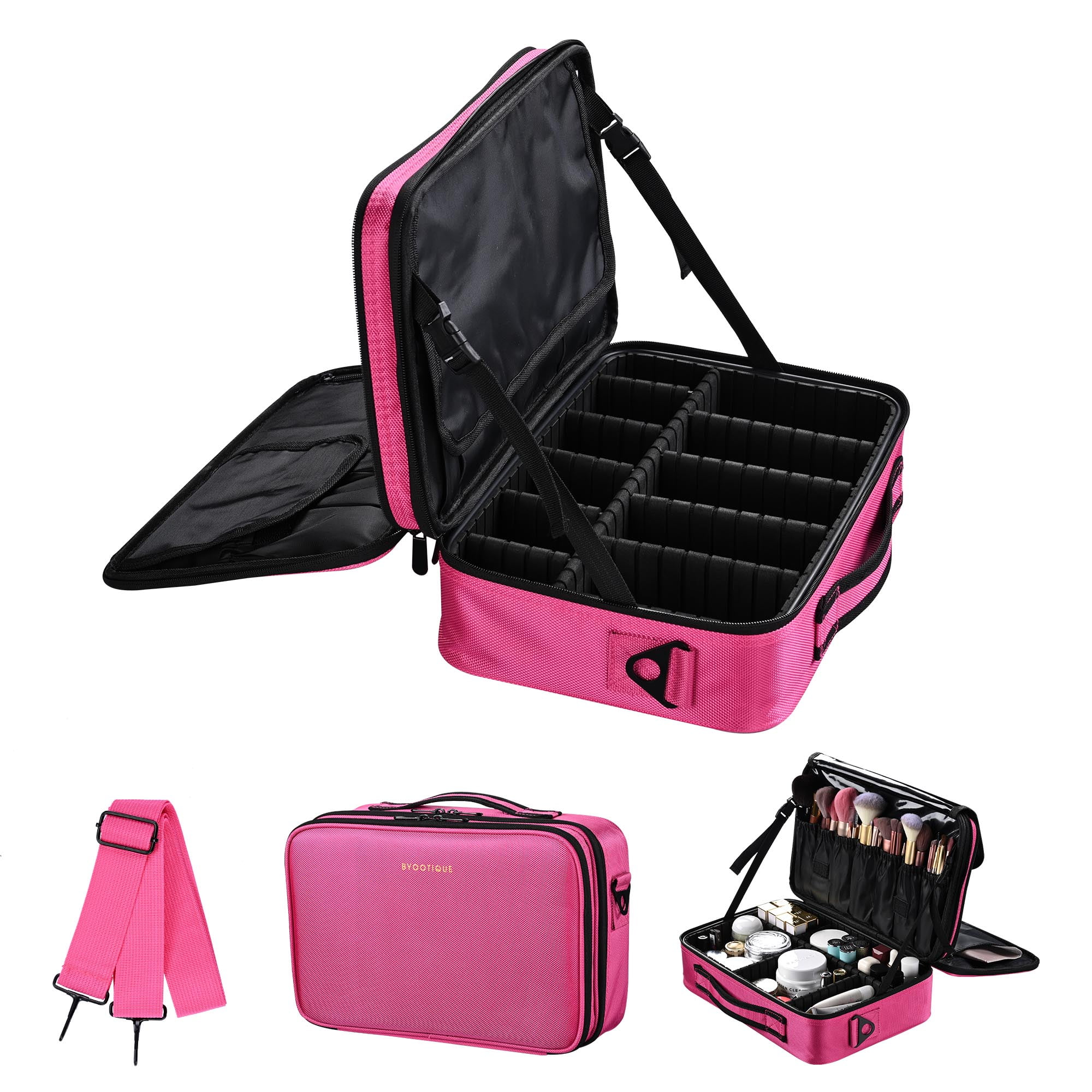 Byootique Makeup Bag with 3 Removable Pouches Loose Leaf Binders Cosmetic Travel - Pink