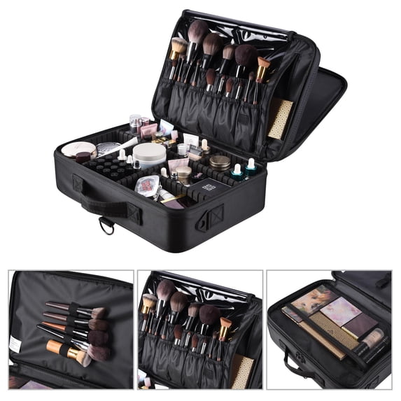 Byootique 16" 1200D Portable Travel Makeup Bag Cosmetic Artist Train Travel Case Organizer w/ Dividers & Strap Black