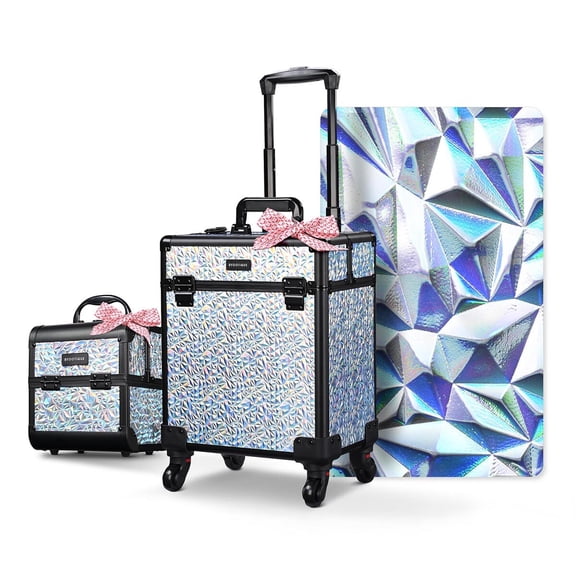 Byootique 2-Piece Makeup Train Case Cosmetic Organizer Kit Mermaid Silver Salon