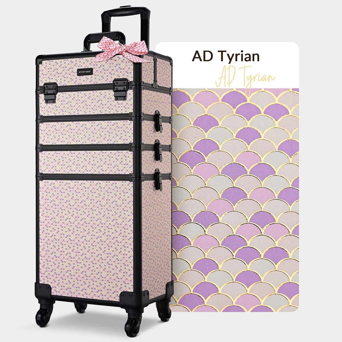 Byootique 4-in-1 Art Deco Professional Rolling Makeup Case with 360° Swivel Wheels, Lockable Tiers, Tyrian