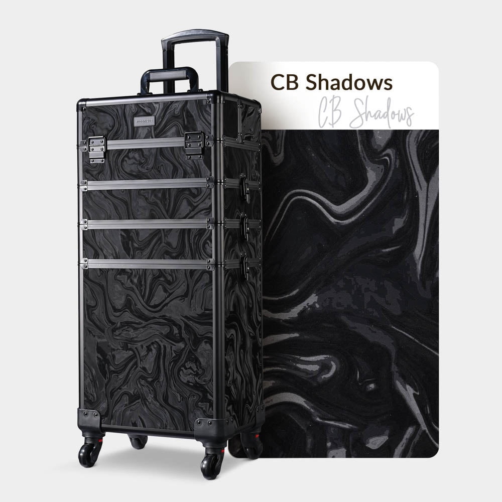 Byootique 4-in-1 Professional Rolling Makeup Case with 360° Swivel Wheels, Accordion Trays, and Secure Keylock System, CB Shadows