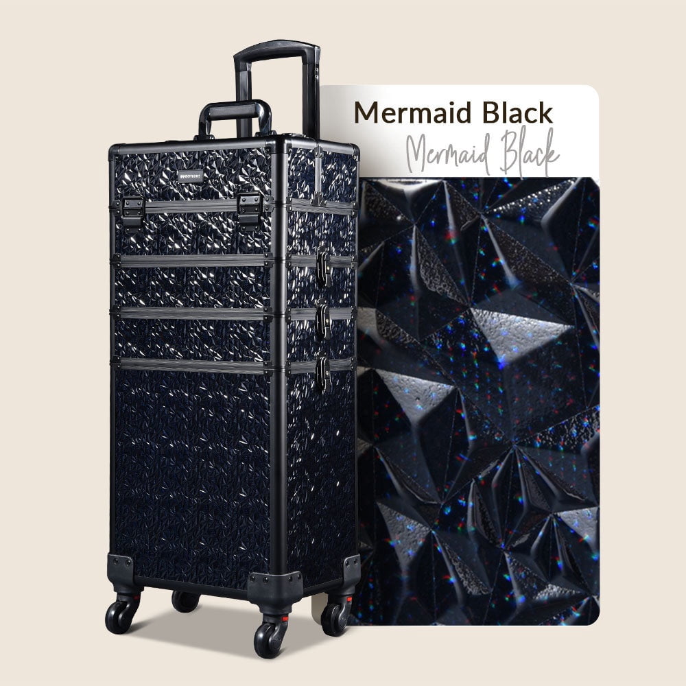 Byootique 4-in-1 Professional Rolling Makeup Case with 360° Swivel Wheels, Accordion Trays, and Secure Keylock System, Mermaid Black