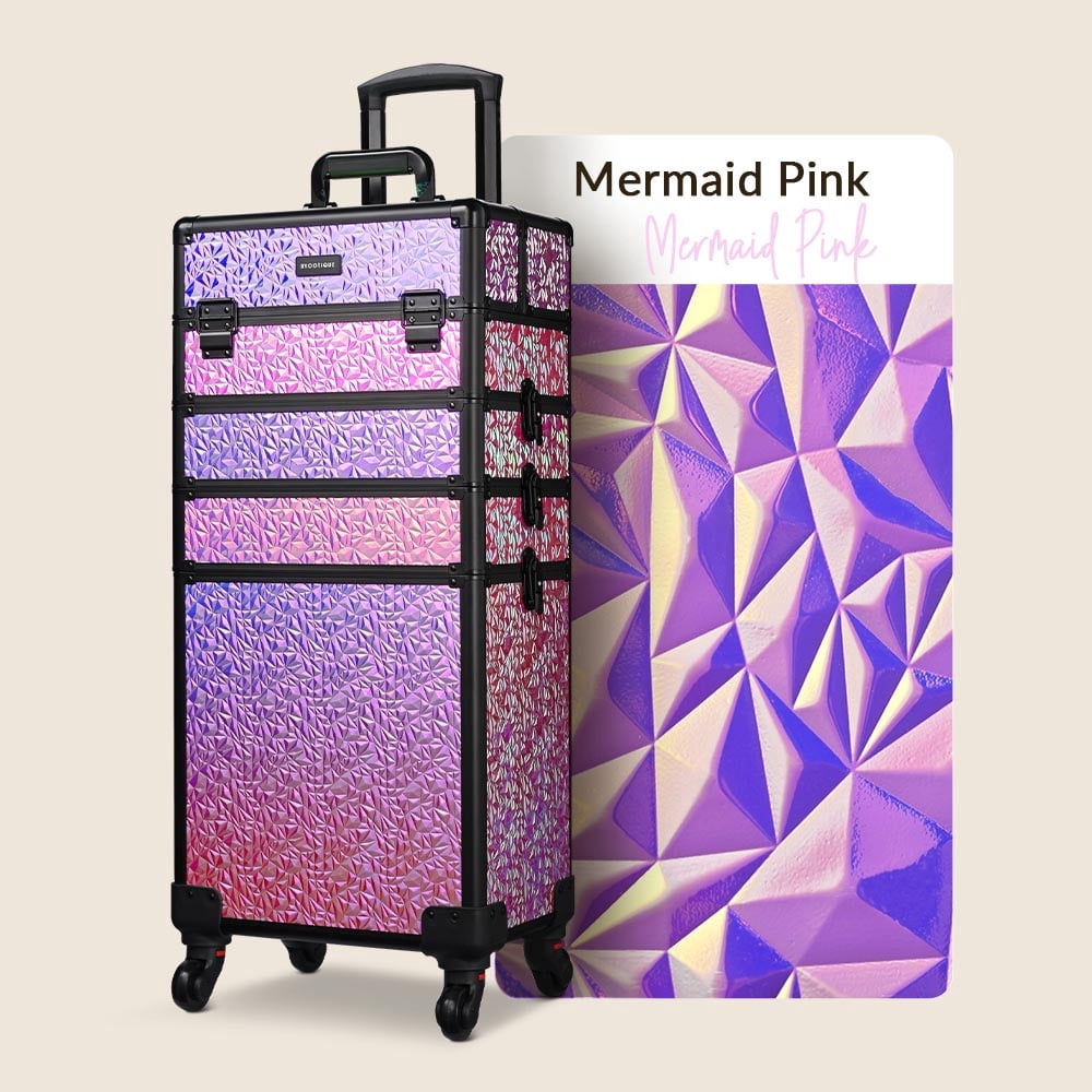 Byootique 4-in-1 Professional Rolling Makeup Case with 360° Swivel Wheels, Accordion Trays, and Secure Keylock System, Mermaid Pink