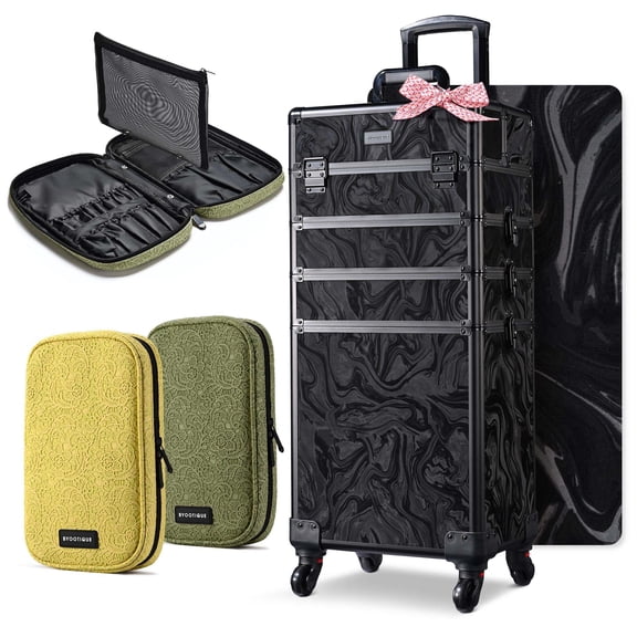 Byootique 4in1 Rolling Makeup Case with 2 Makeup Brush Bag, Cosmetic Train Case on Wheels for Makeup Artist Travel Hairstylist