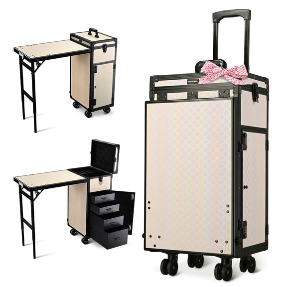 Byootique Aluminum Rolling Makeup Train Case with Table Salon Charm Cosmetic Organizer, ForgetMeNo Apricot