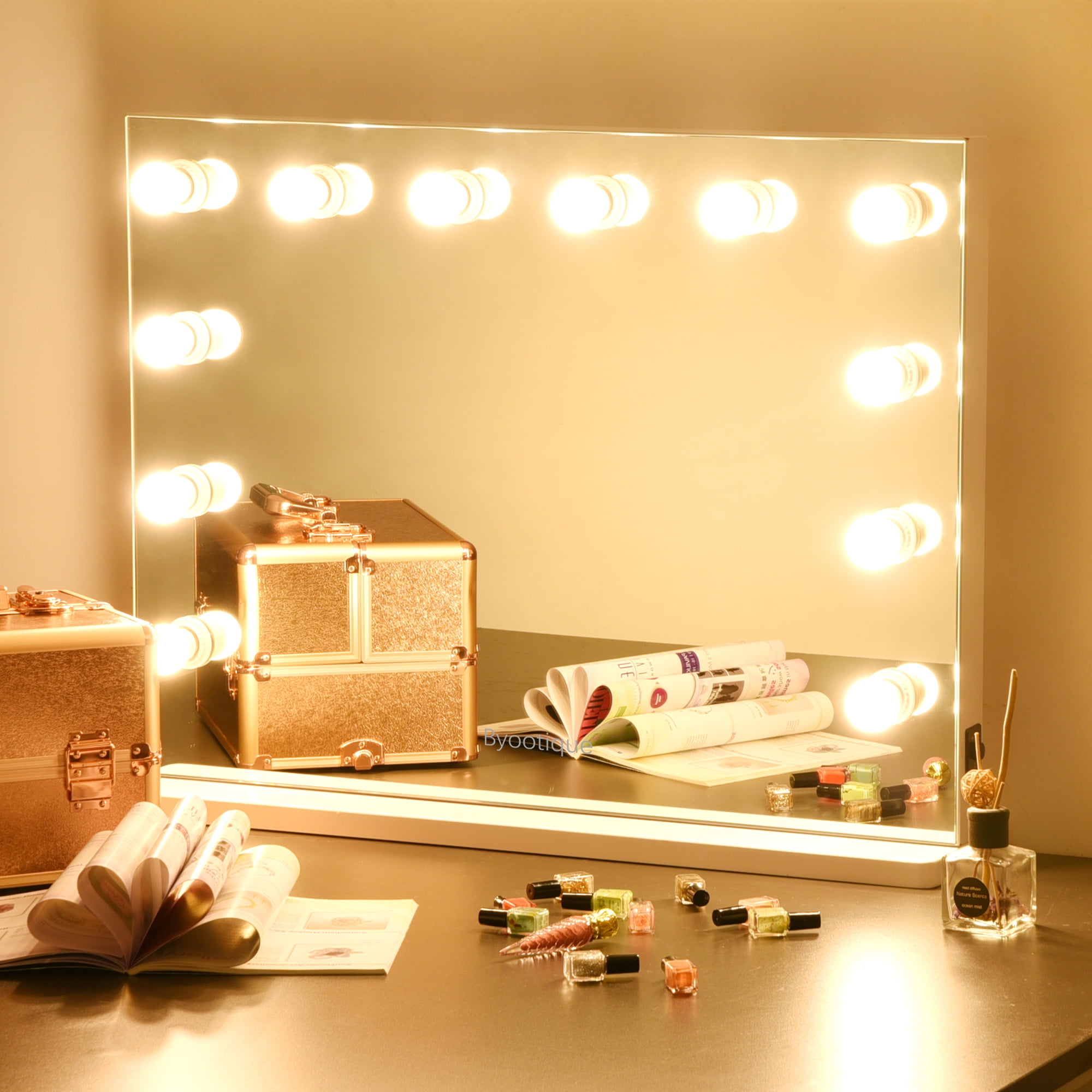 Byootique Lighted Hollywood Vanity Mirror 12pcs Dimmable LED Tabletop Wall  Mount Makeup 
