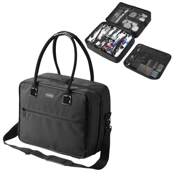 Byootique Makeup Bag Soft Sided Makeup Train Case Hangbag 2 Layer Cosmetic Tote with 4 Inner Removable Pouches Artist Multifunctional Toiletry Organizer Storage Carry on Travel Bag with Strap