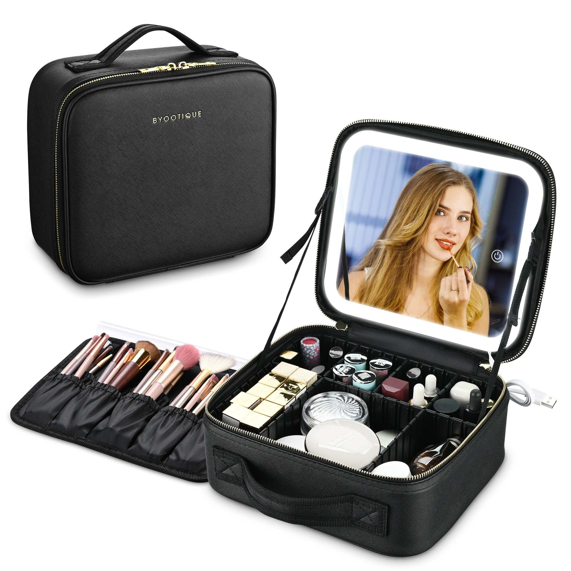 Impressions Vanity Monaco Double Zipper Cosmetic Case Leather Makeup Train Case Cosmetic Organizer for Makeup Brushes Toiletry Digital Accessories