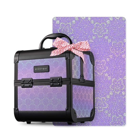 Byootique Makeup Train Case 2-Tier Trays Portable Cosmetic Cases Travel Makeup Storage Organizer Lockable Box with Mirror for Makeup Artist Nail Tech,Charm ForgetMeNot