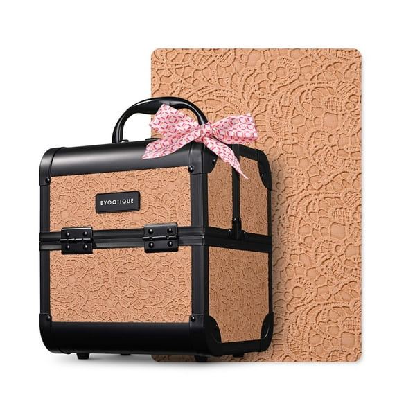Byootique Makeup Train Case 2-Tier Trays Portable Cosmetic Cases Travel Makeup Storage Organizer Lockable Box with Mirror for Makeup Artist Nail Tech,Rococo Coral