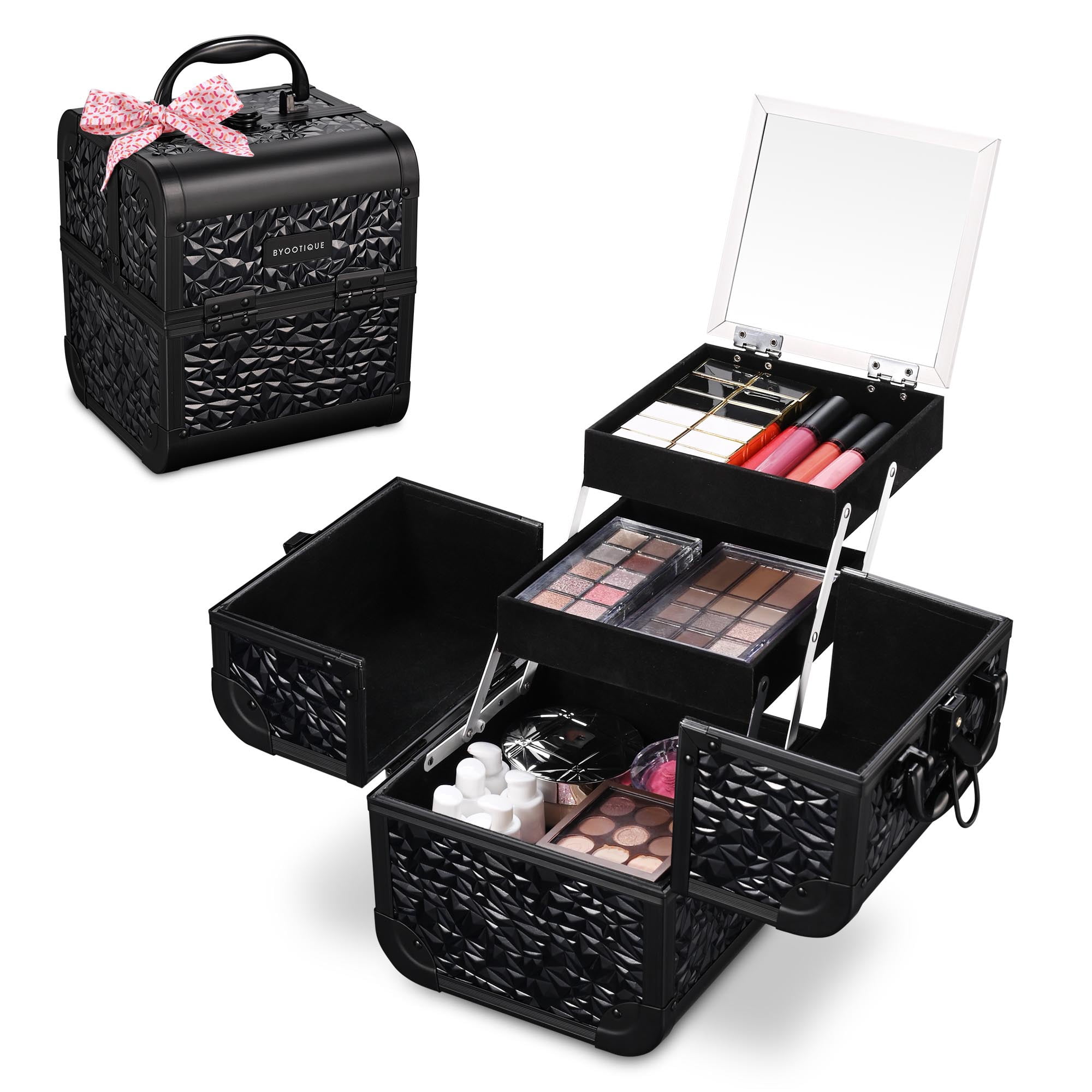 Byootique Makeup Train Case Cosmetic Organizer w/ Mirror Classic Black ...