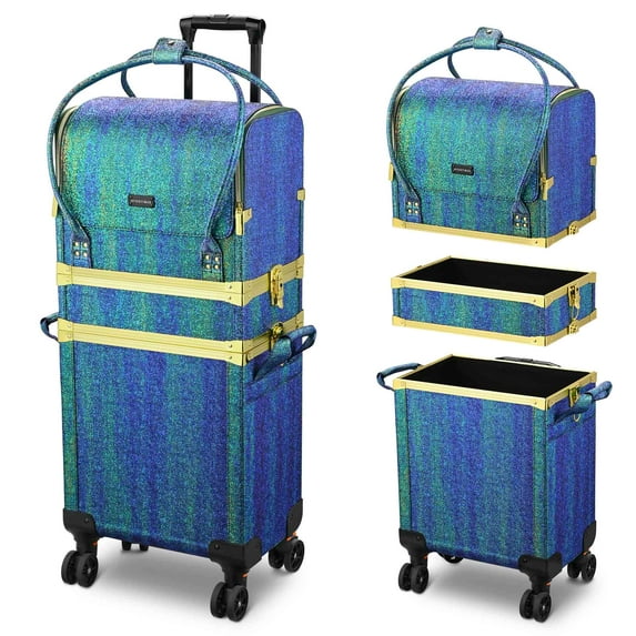 Byootique Malachite Green Makeup Train Case Lockable Rolling Cosmetic Trolley