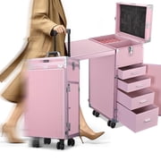Byootique Nail Desk Mobile Station Rolling Makeup Train Case Manicure Table with Telescopic Handle, Pink