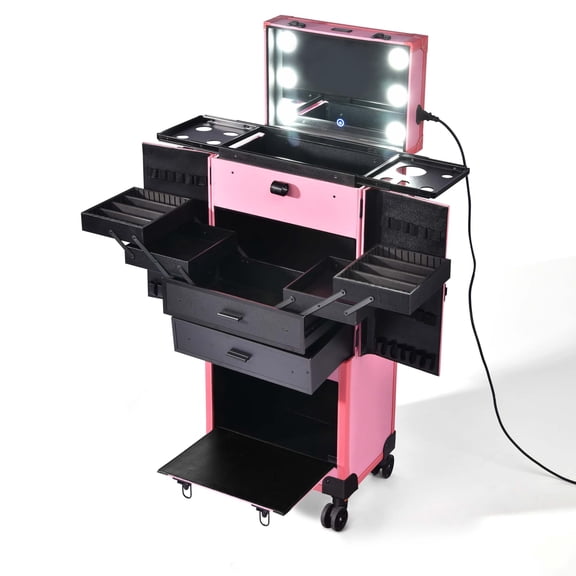 Byootique Pink Rolling Makeup Case on Wheels Pro Cosmetic Artist Hair Stylist Barber Trolley Multifunction Lighted Lockable