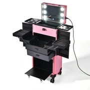 Byootique Pink Rolling Makeup Case on Wheels Pro Cosmetic Artist Hair Stylist Barber Trolley Multifunction Lighted Lockable