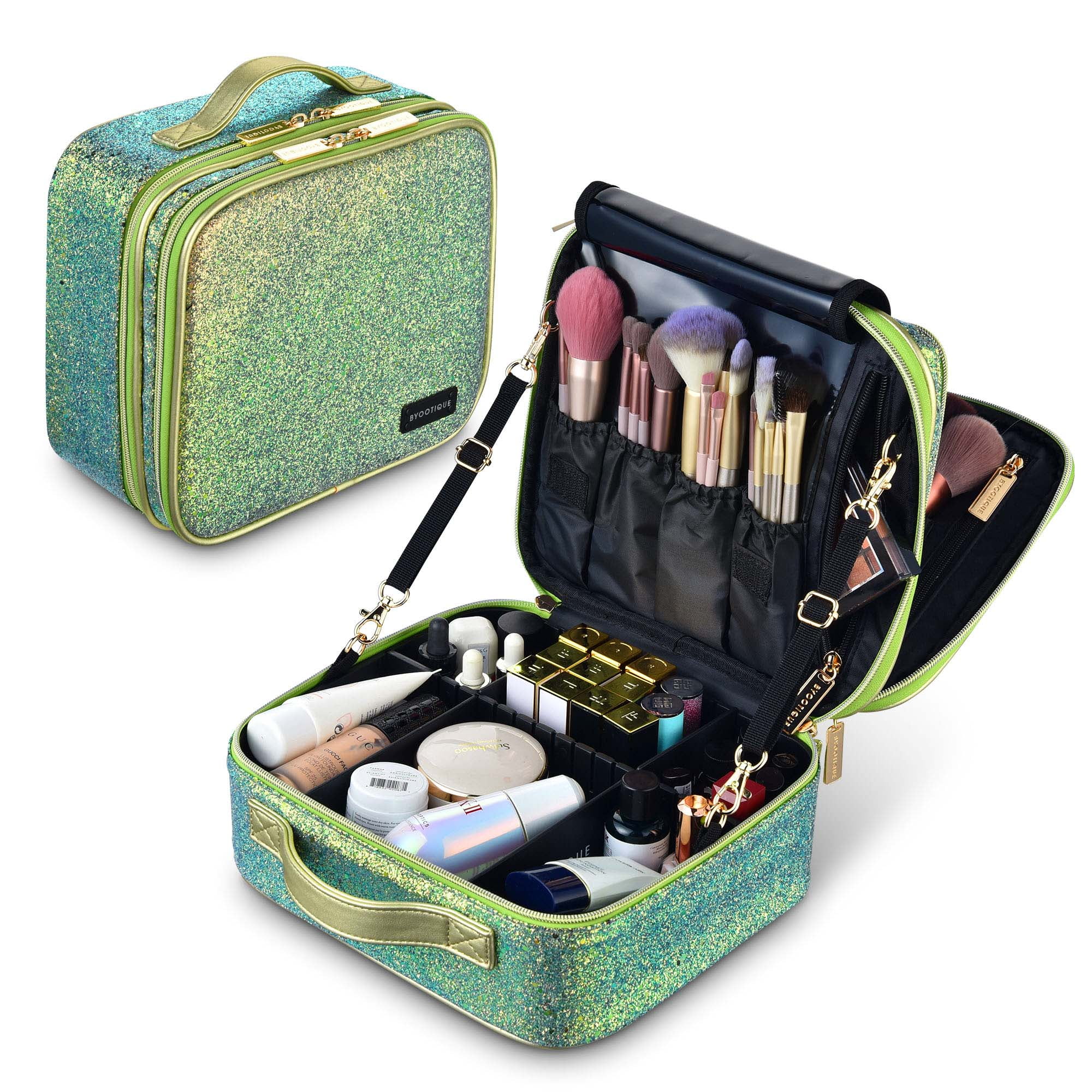 Byootique Portable Glitter Makeup Train Case Brush Holder Travel Makeup Bag,  Green 