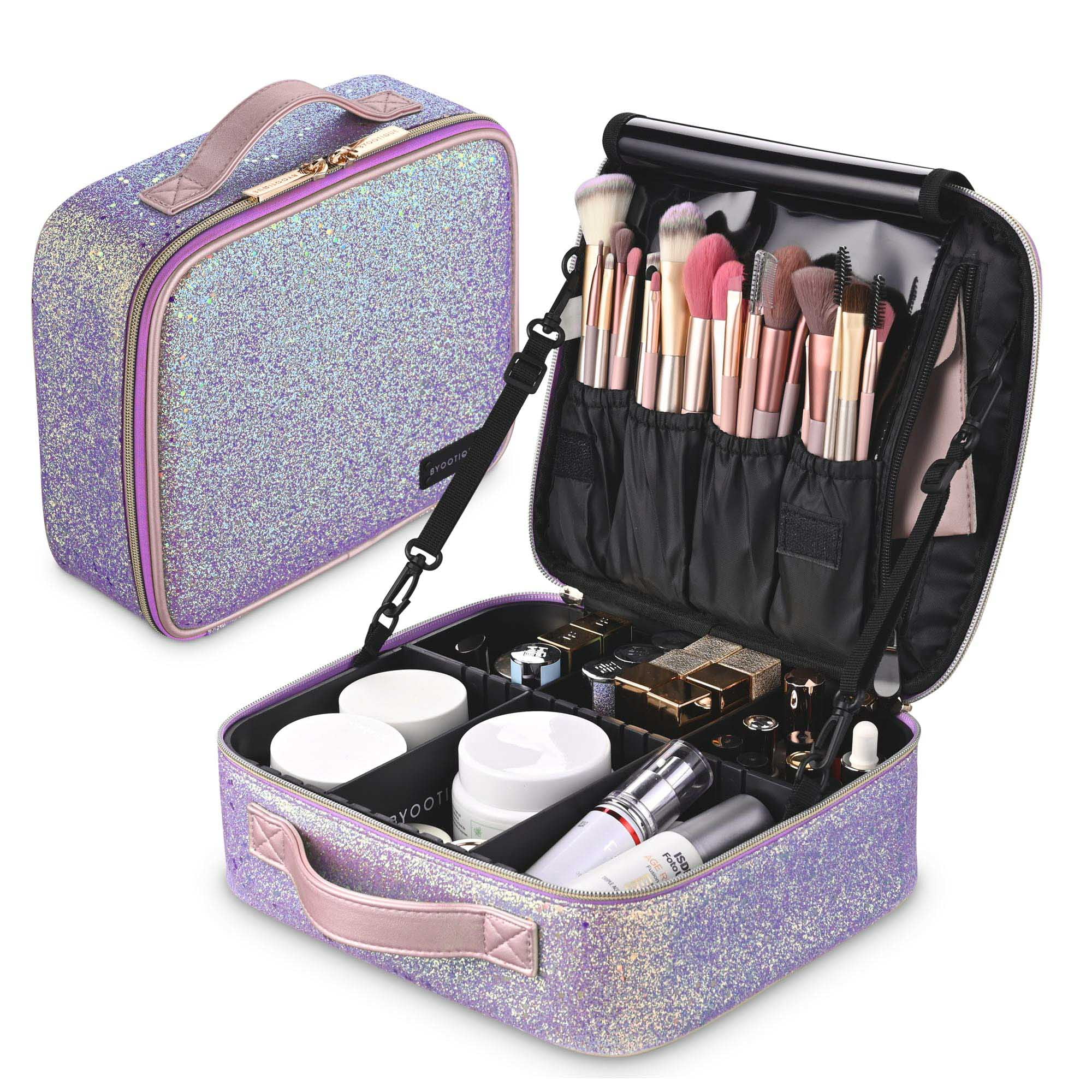 Byootique Portable Glitter Makeup Train Case Brush Holder Travel Makeup  Bag, Purple 