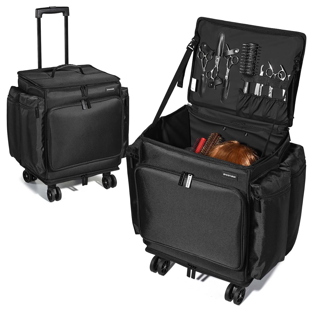 Byootique Professional Hairdresser Suitcase on Wheels with Integrated Tool Holders, Deep Storage Compartment, and Heat-Resistant Lining, Black