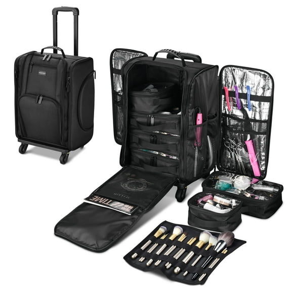 Byootique Rolling Makeup Case w/ 6 Removable Toiletry Bags Train Travel Cosmetic Artist Organizer Black