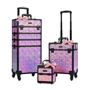 Byootique Rolling Makeup Train Case 3-Piece Cosmetic Organizer Kit Trolley Organizer Travel Case Lockable Salon Barber Case Traveling Cart Trunk with Wheels for Makeup Artist Trave Nail,Mermaid Pink