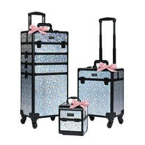 Byootique Rolling Makeup Train Case 3-Piece Cosmetic Organizer Kit Trolley Organizer Travel Case Lockable Salon Barber Case Traveling Cart Trunk with Wheels for Makeup Artist Trave Nail,Mermaid Silver