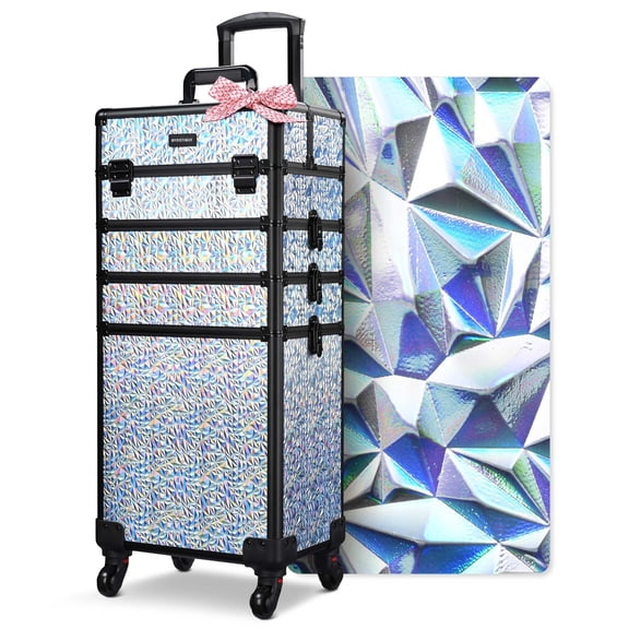 Byootique Rolling Makeup Train Case 4in1 Cosmetic Trolley Organizer Travel Case Cosmetology Case on Wheels for Makeup Artist Trave Nail