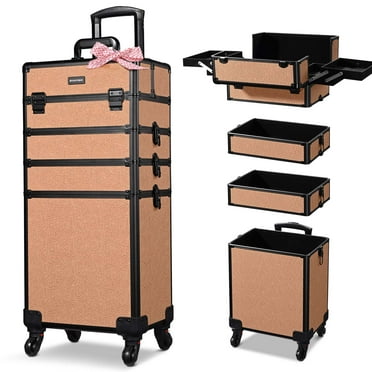 Byootique Rolling Makeup Train Case 4in1 Cosmetic Trolley Organizer Travel Case Lockable Salon Barber Case with Wheels for Makeup Artist Trave Nail,Rococo Coral