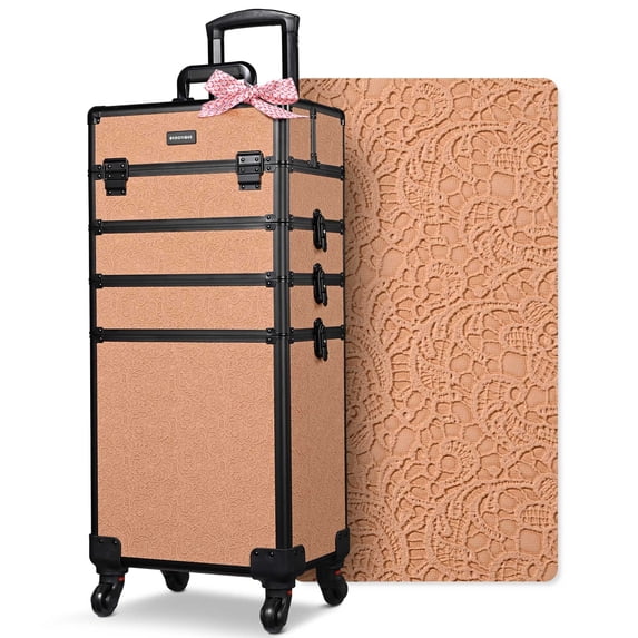 Byootique Rolling Makeup Train Case 4in1 Cosmetic Trolley Organizer Travel Case Lockable Salon Barber Case with Wheels for Makeup Artist Trave Nail,Rococo Coral