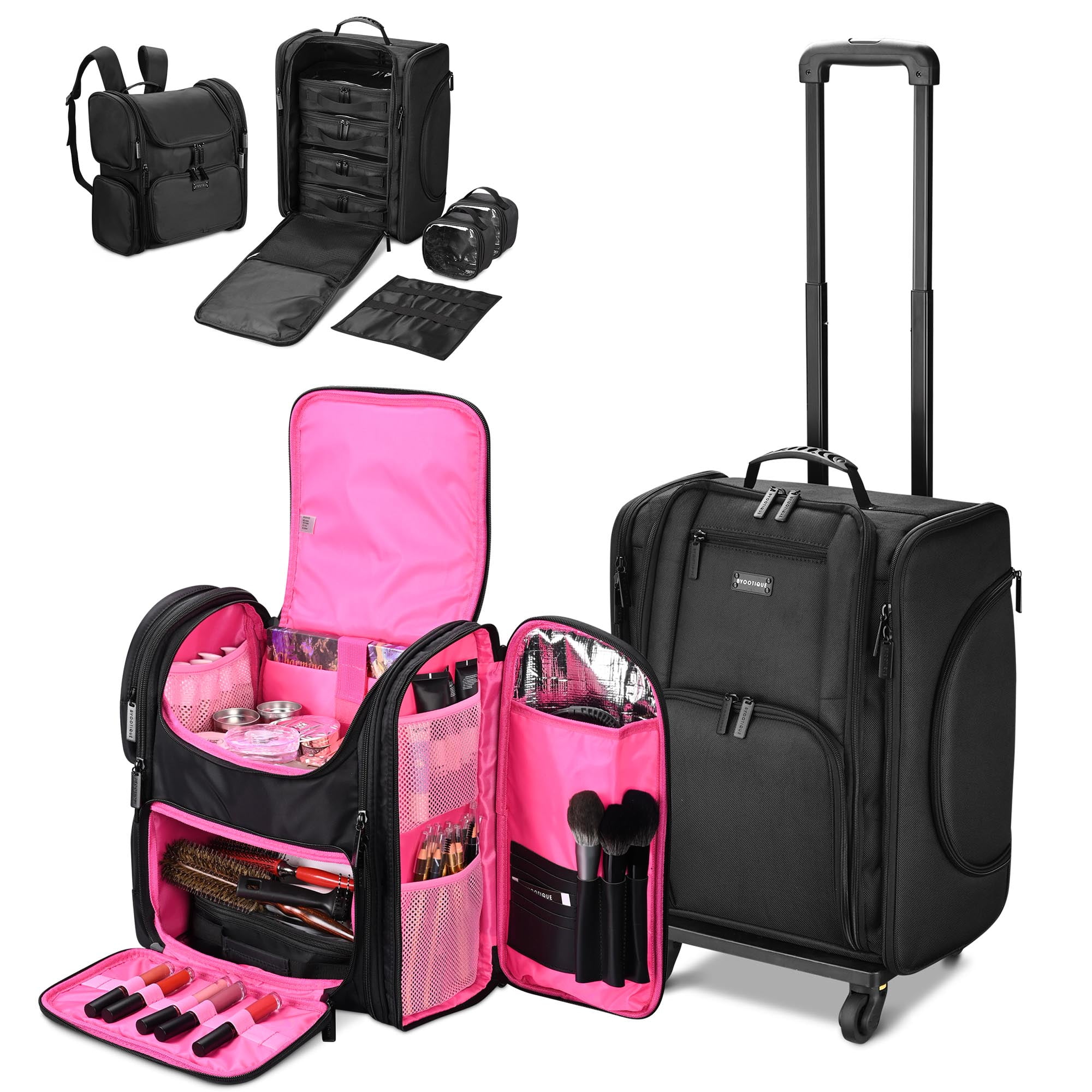 Byootique Rolling Makeup Train Case & Backpack Kit w/ 7 Toiletry Bags ...