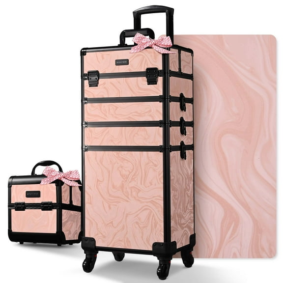 Byootique Rolling Makeup Train Case Trolley w/ Cube Case Cosmetic Organizer Pink